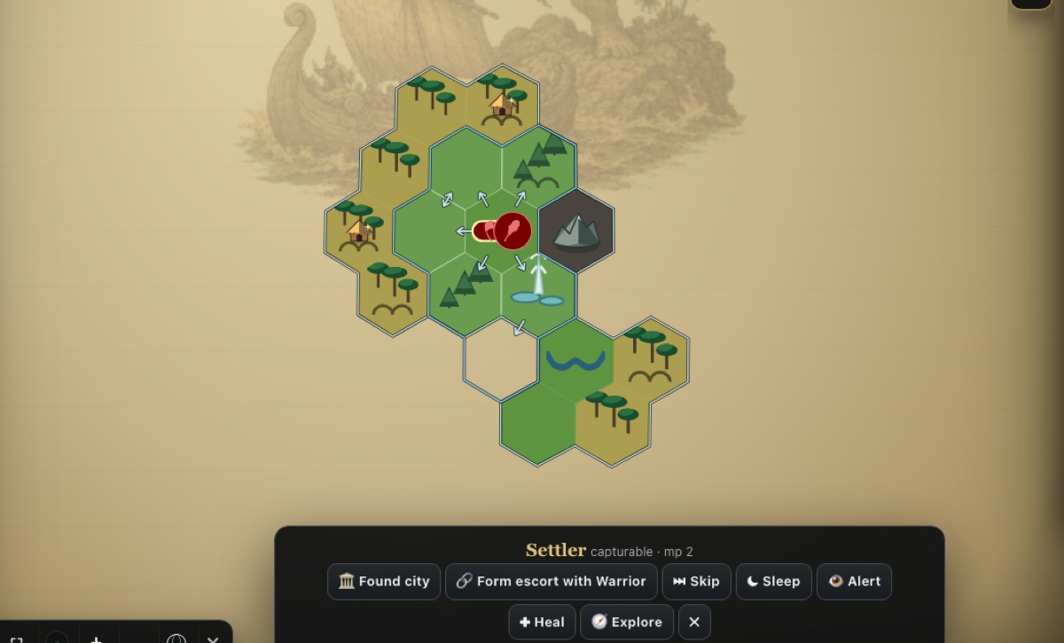 Play CIVVIS: the opening of a single-player CIVVIS game, a settler with its orders bar open on a young world.