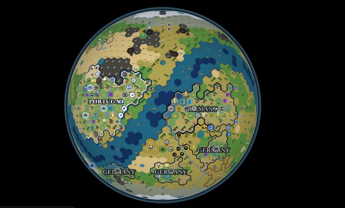 Watch CIVVIS: a CIVVIS globe at mid-game, AI empires sharing two continents, borders and cities drawn across the planet.